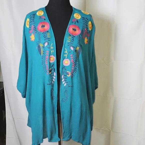 SOLD Umgee Blue Floral Embroidered Bohemian Open Kimono Sz S/M - Picture 3 of 8